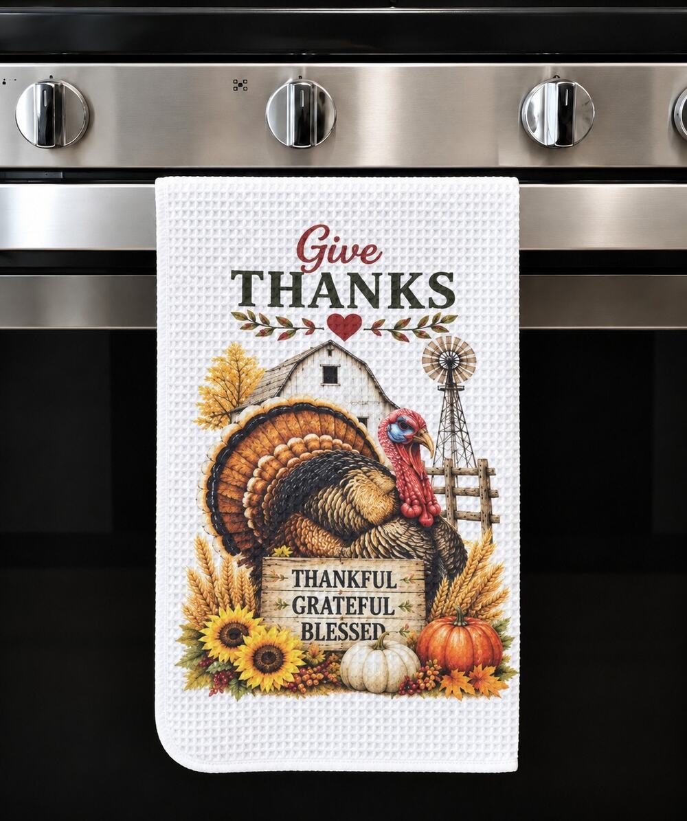 Give Thanks Turkey Kitchen Towel Farmhouse Thanksgiving Decor